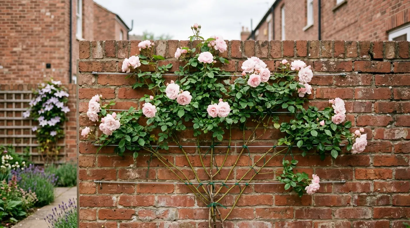 Young climbing rose fan-trained on horizontal wires against a brick wall in a UK terraced garden