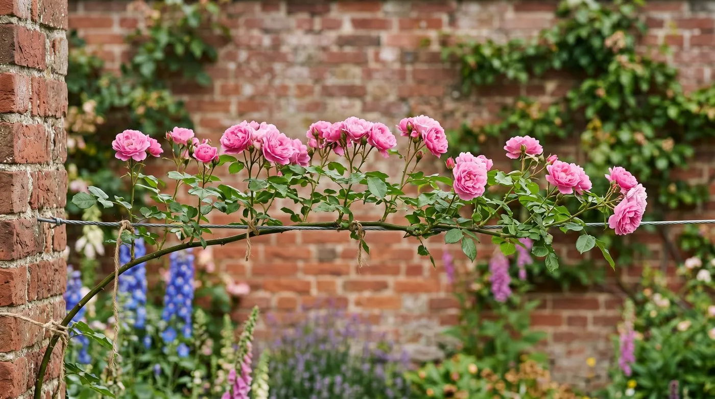 Climbing rose stem trained horizontally along a wire with flowering shoots rising along its length