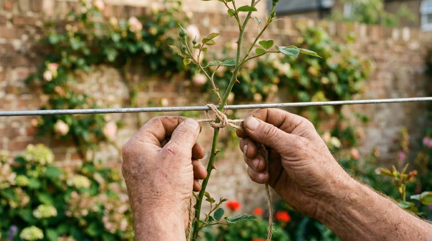 Gardener's hands tying a young rose stem to a wire with jute twine in a figure of eight