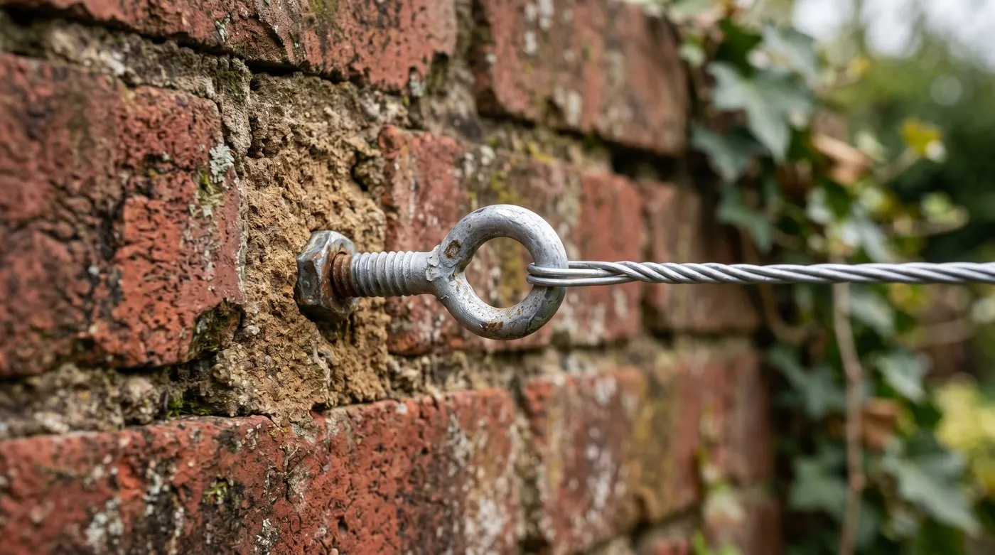 Screw-in vine eye and tensioned galvanised wire fixed into the mortar joint of a brick wall