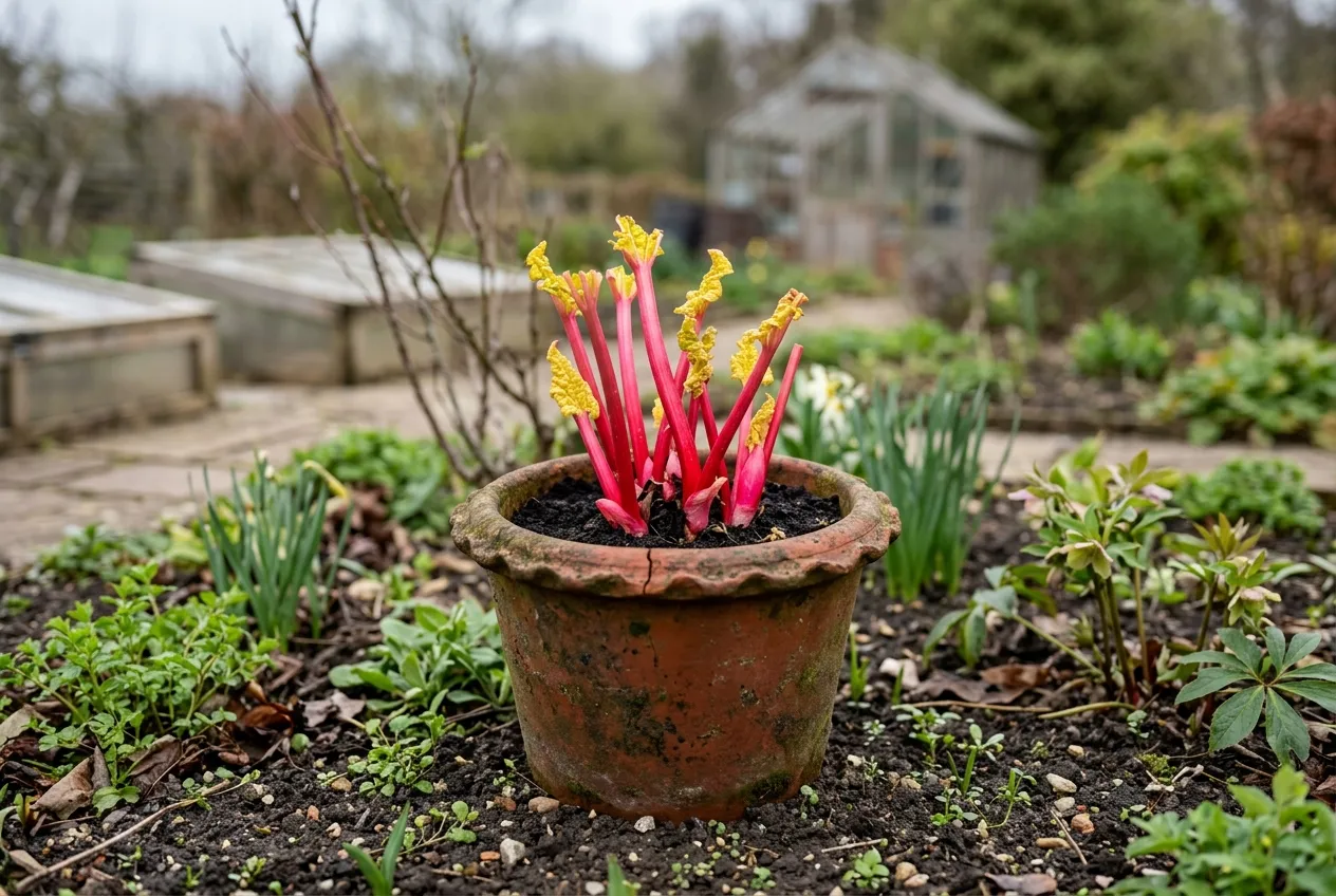 Forced rhubarb stems emerging from a terracotta forcing pot in a UK kitchen garden