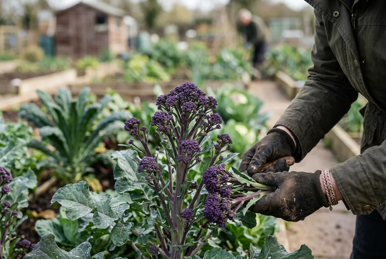 Hungry gap purple sprouting broccoli harvest from a UK allotment bed
