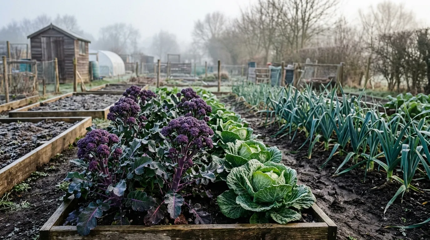 Hungry gap spring vegetable garden with purple sprouting broccoli, spring cabbage, and leeks in raised beds