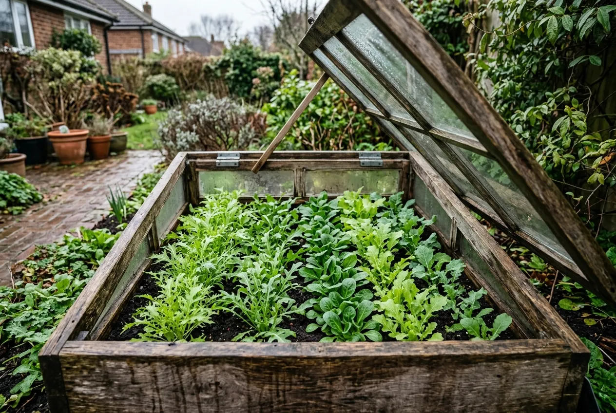 Hungry gap winter salad leaves growing in a cold frame in a UK garden