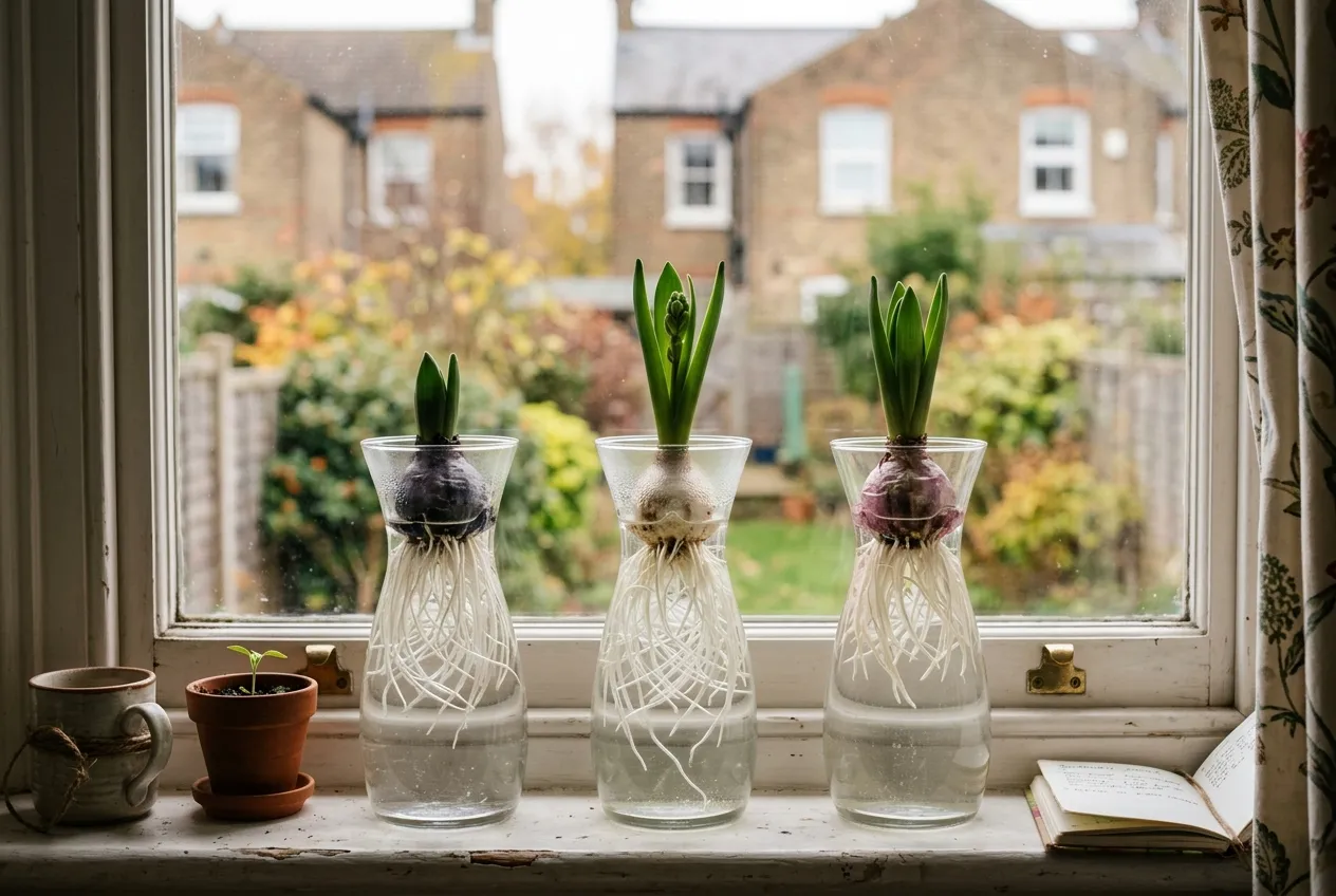 Hyacinth bulbs being forced indoors in glass forcing vases showing roots and green shoots