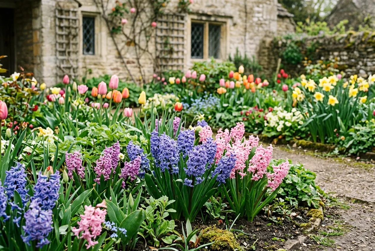 Hyacinths flowering outdoors in a UK spring garden border with mixed blue and pink varieties