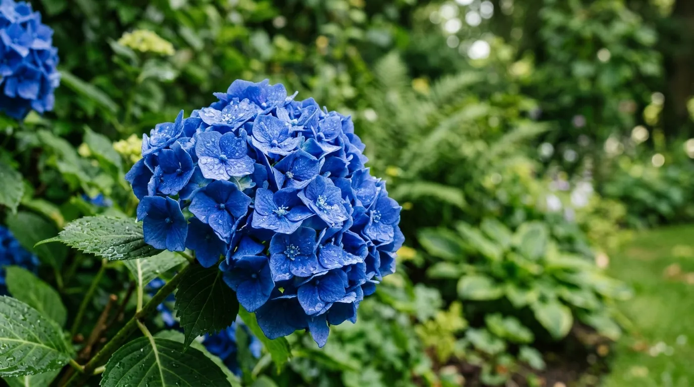 How to change hydrangea colour showing intense blue hydrangea macrophylla in a shaded UK garden