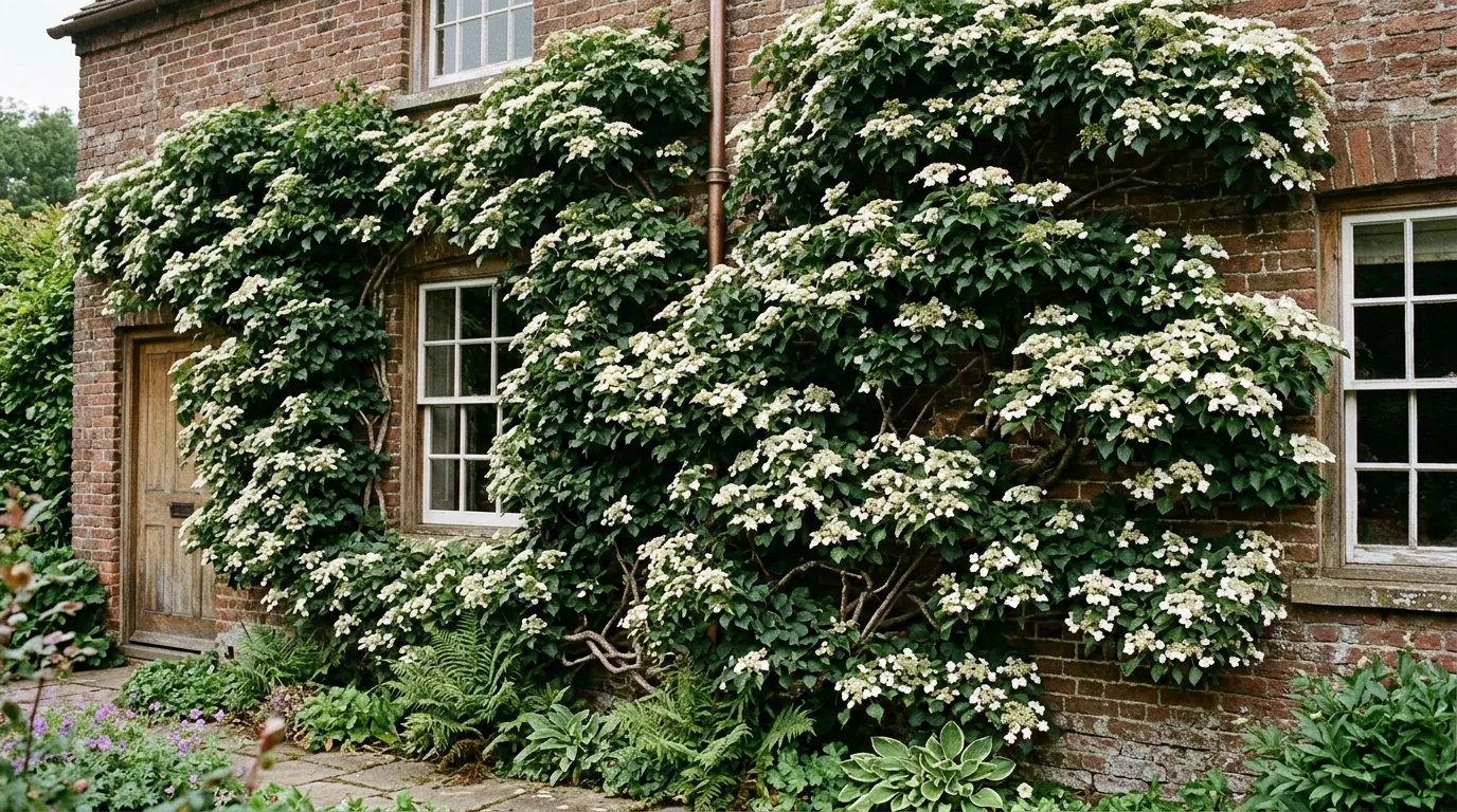 Climbing hydrangea growing on a shaded north-facing wall in the UK