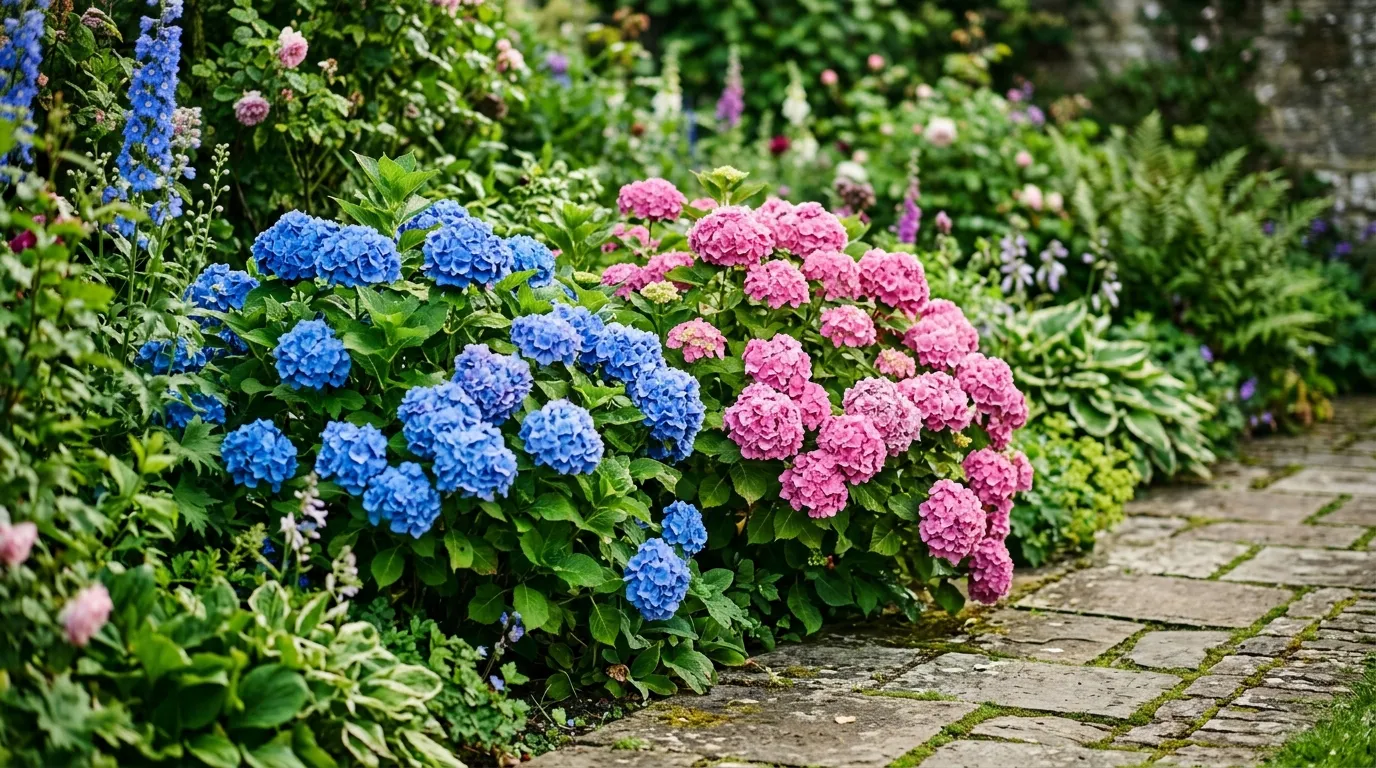How to change hydrangea colour showing blue and pink hydrangeas side by side in a UK cottage garden