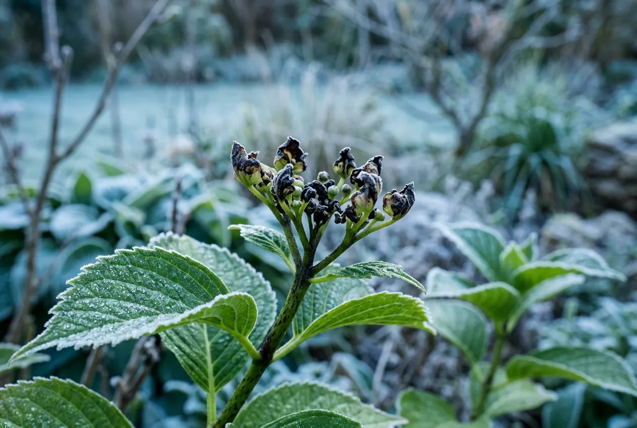 Hydrangea showing frost-damaged flower buds in spring with brown blackened bud tips in a UK garden