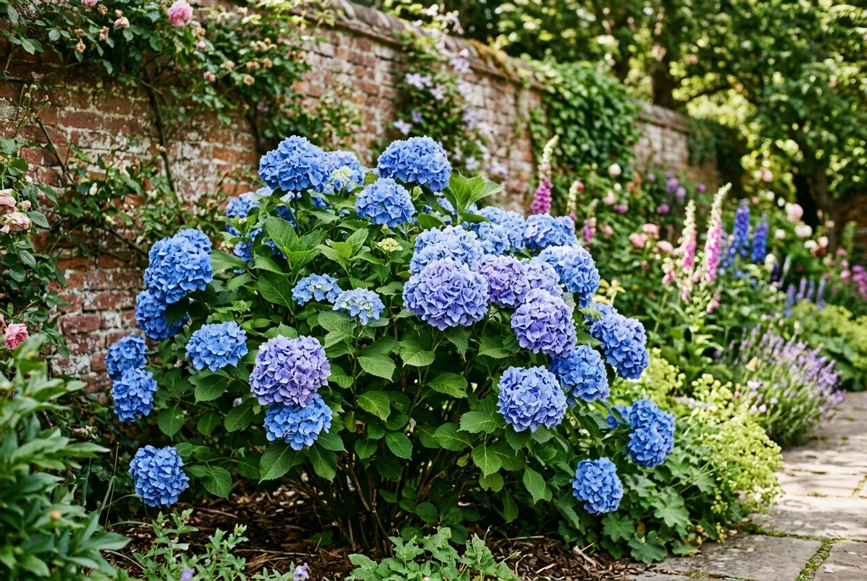 A healthy hydrangea macrophylla in full bloom with large blue mophead flowers in a UK cottage garden setting