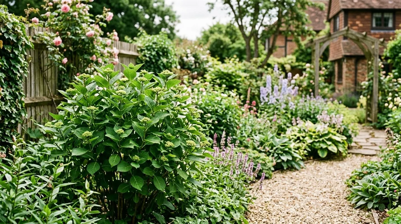 UK garden scene showing hydrangea not flowering fix in seasonal context