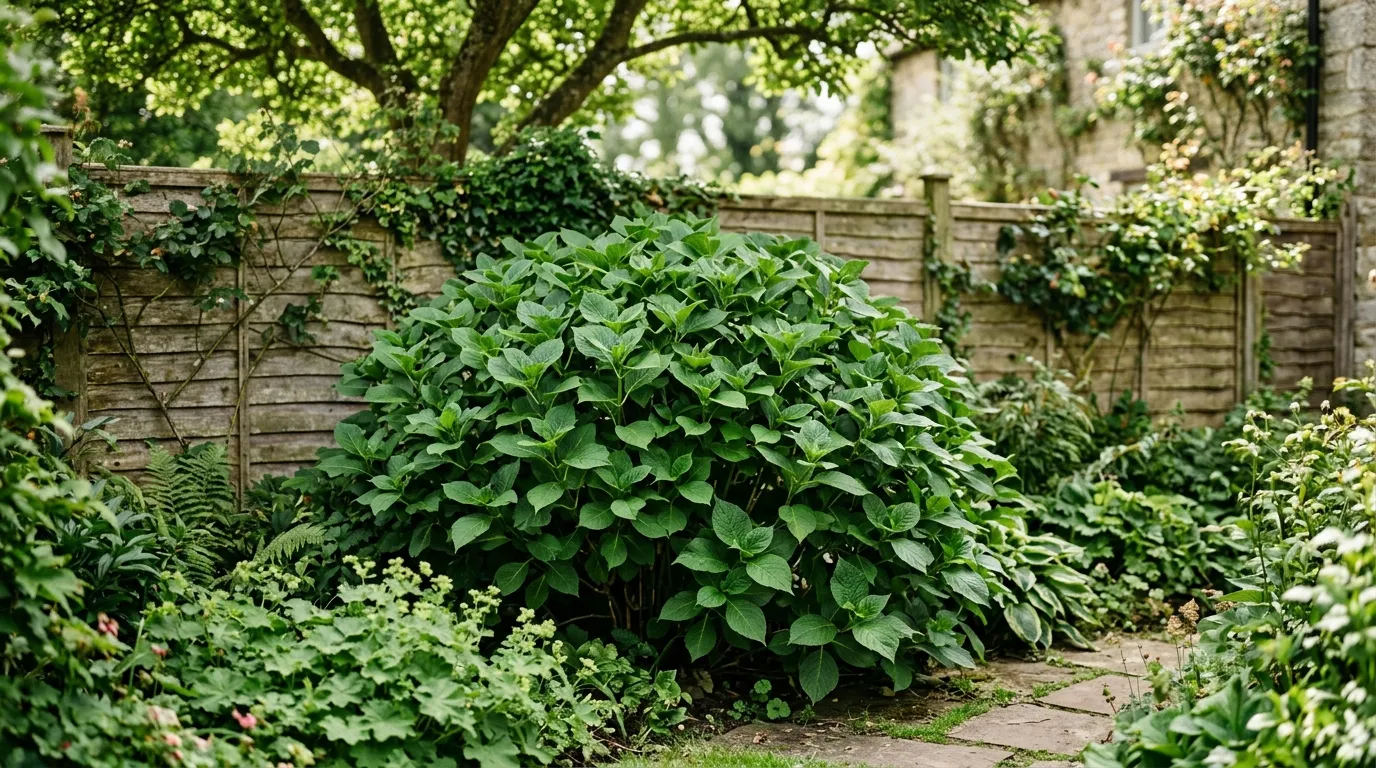 Hydrangea not flowering in a UK garden border showing green leaves but no blooms in summer