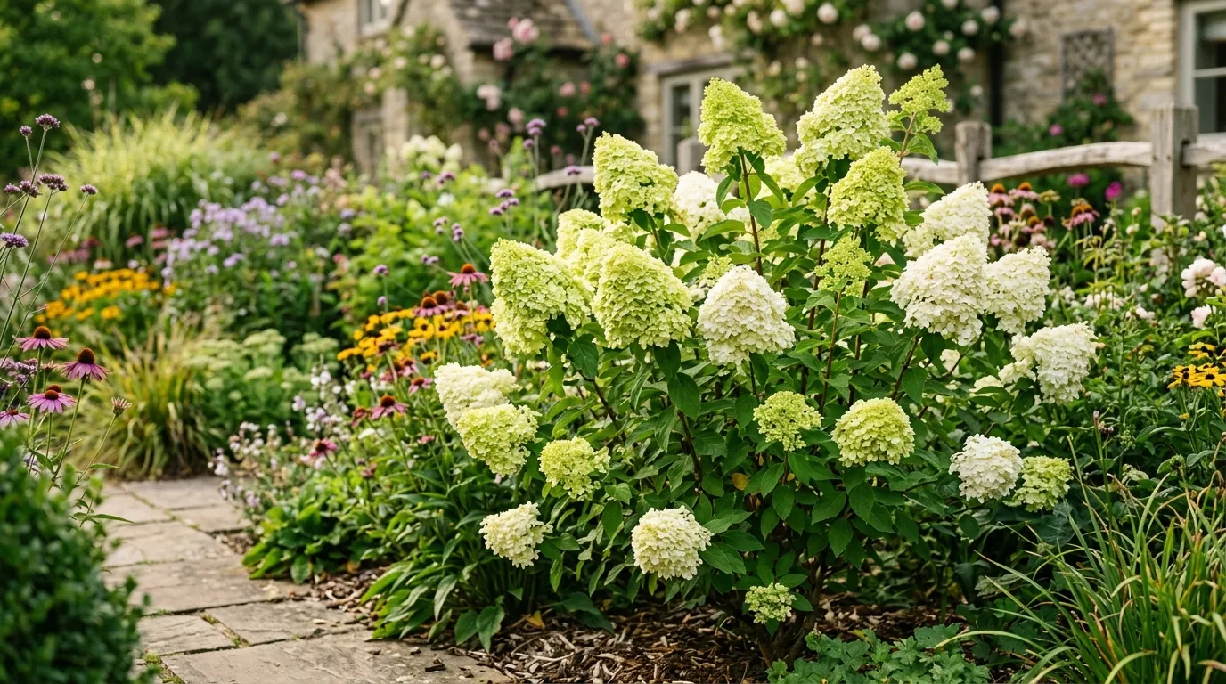 Hydrangea paniculata Limelight with cone-shaped lime green flowers