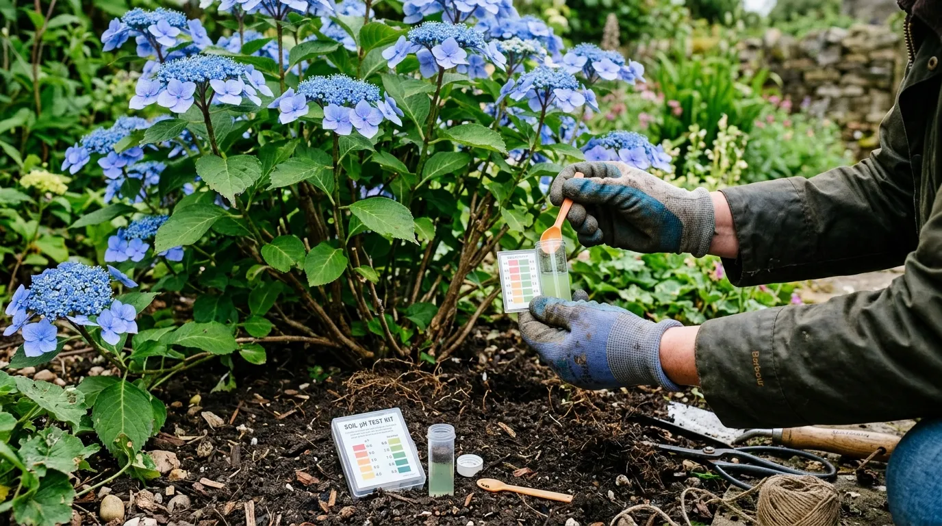 How to change hydrangea colour by testing soil pH with a testing kit beside a hydrangea in a UK garden