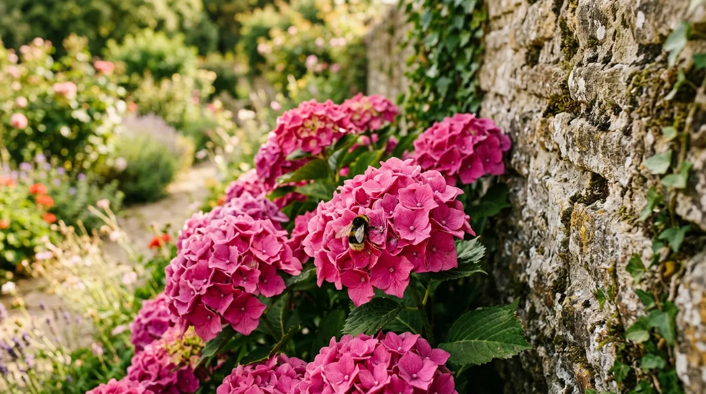 How to change hydrangea colour to pink with deep pink flowers beside a limestone garden wall