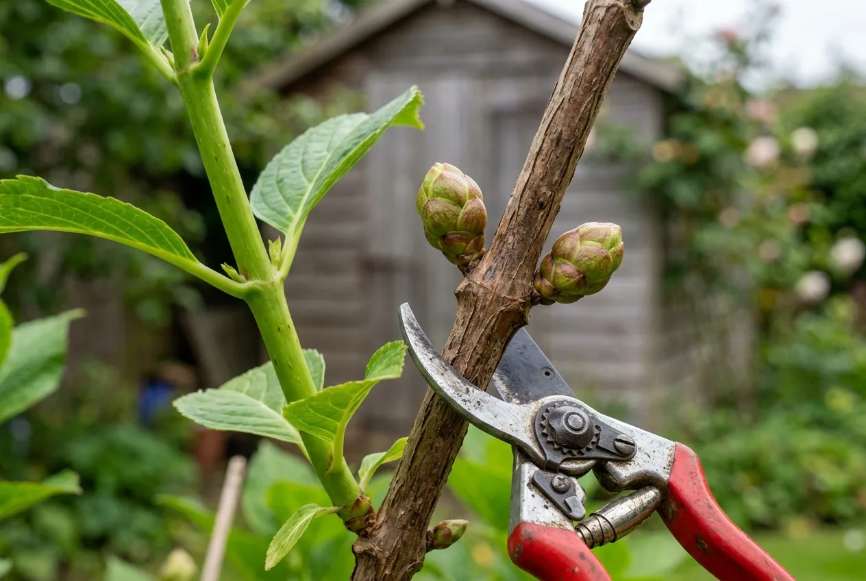 Close-up of hydrangea stems showing old wood with fat flower buds next to newer green wood and pruning secateurs