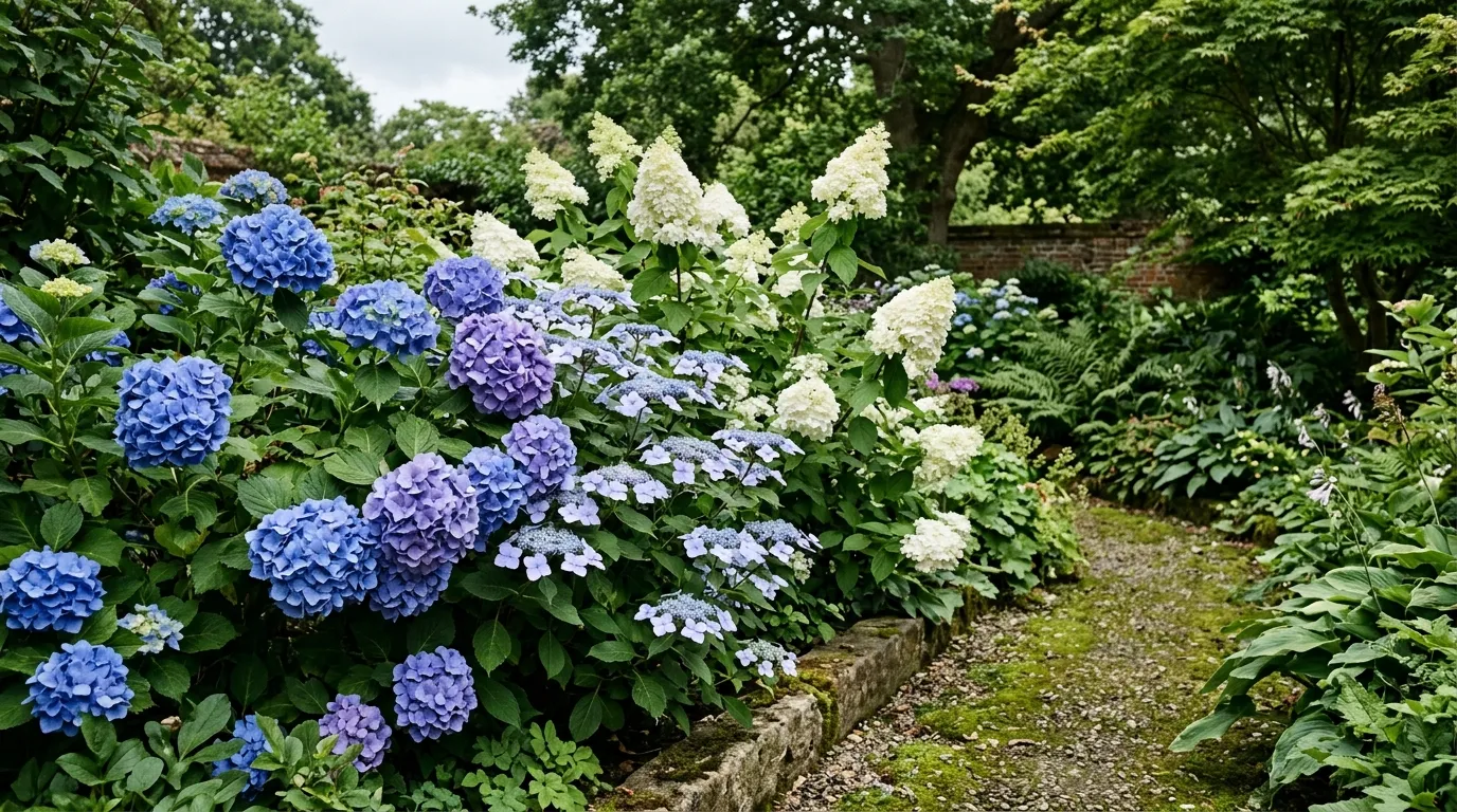 Five types of hydrangeas growing together in a shaded UK garden border