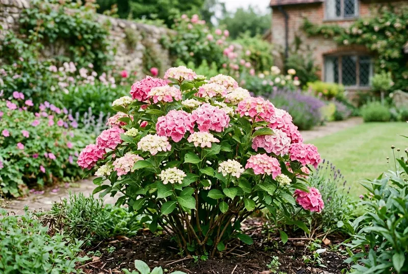 Hydrangea (Hydrangea macrophylla) growing in a UK garden
