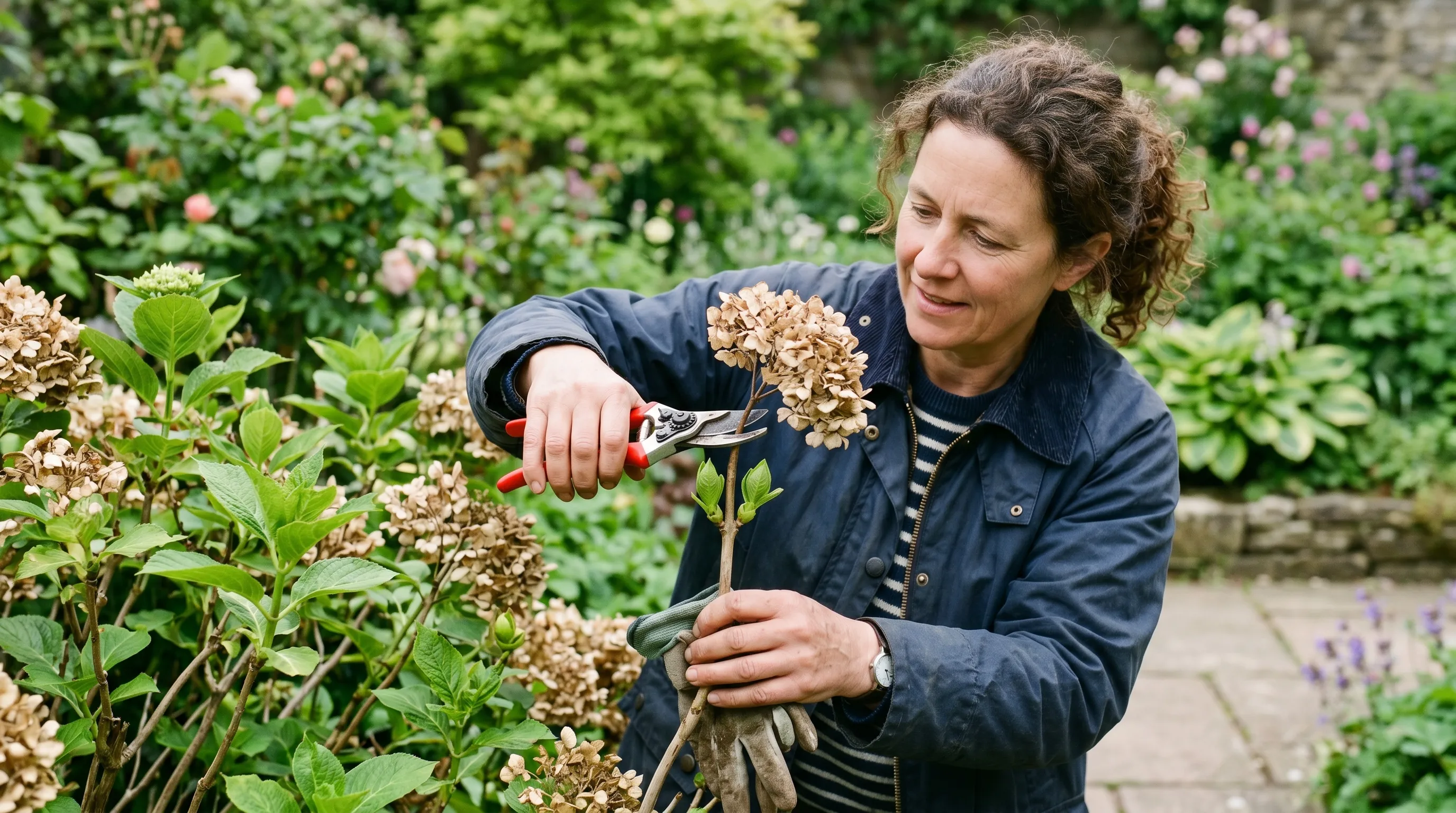 A UK gardener in mid May using sharp secateurs to cut last year's dried hydrangea flower heads off, with the cut just above a pair of strong new green buds visible on the stem