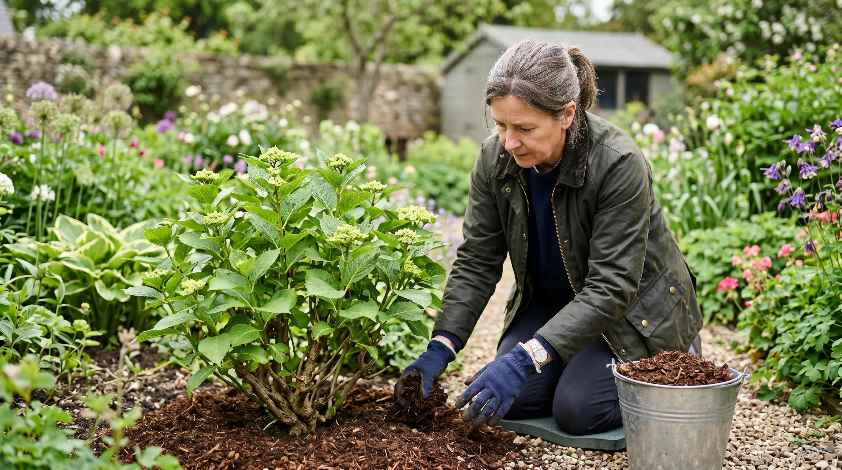 A UK garden in mid May showing fresh hydrangea growth with bud development visible alongside a gardener mulching around the base of a mophead hydrangea