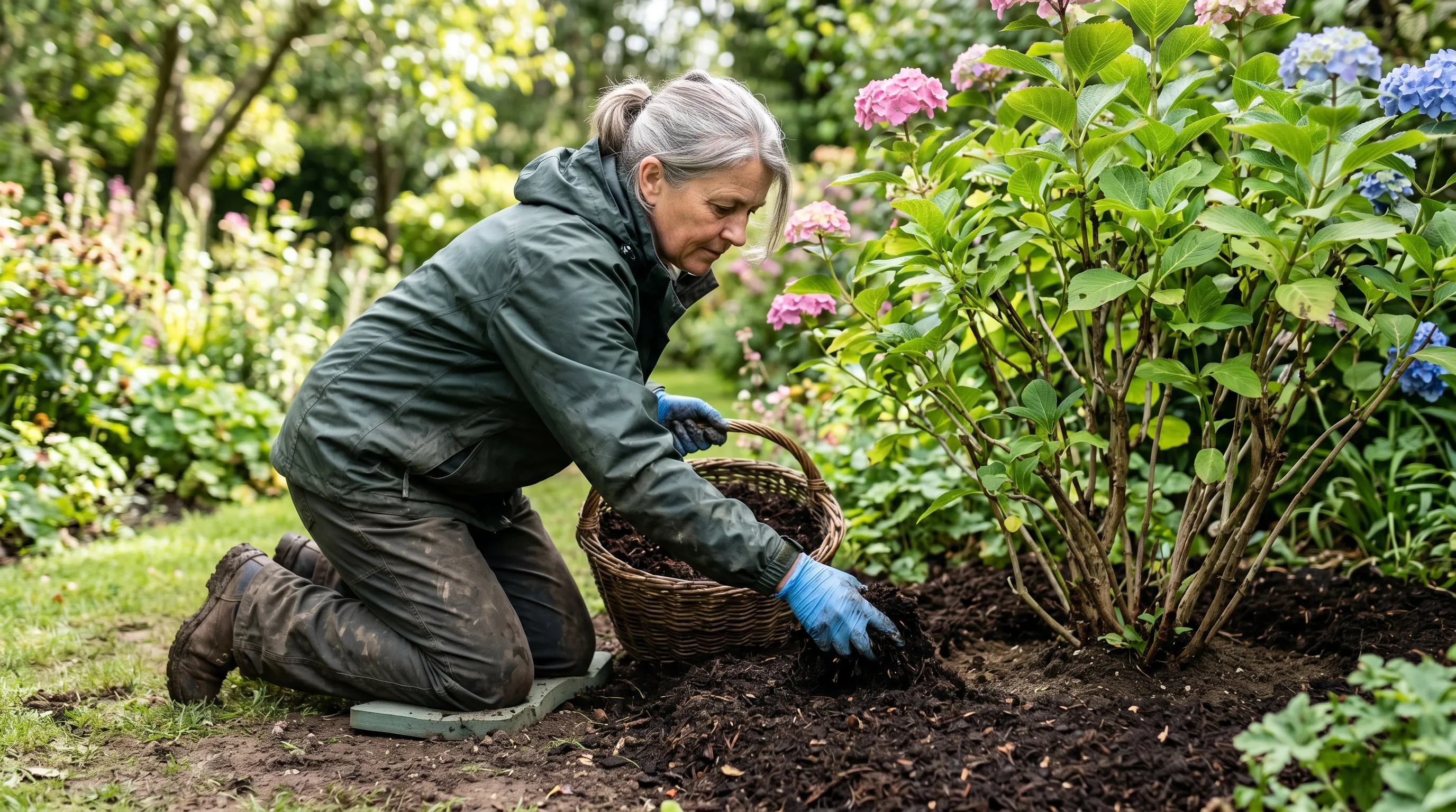 A UK gardener applying a 50mm leafmould mulch around the base of a hydrangea plant, with the mulch held 50-75mm clear of the main stem