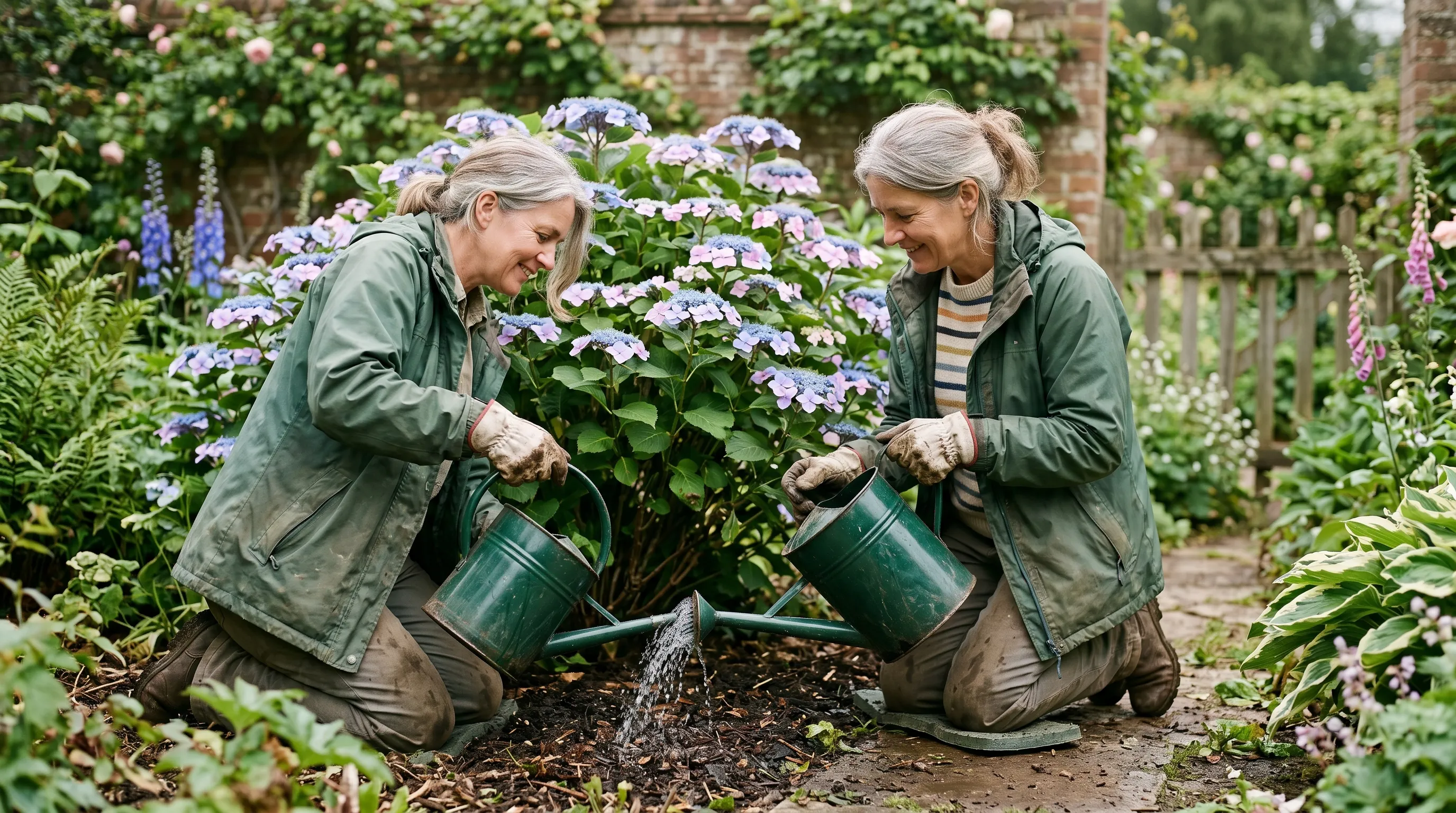 A UK gardener watering a hydrangea with a watering can applied at soil level, with the spout near the base of the plant rather than overhead