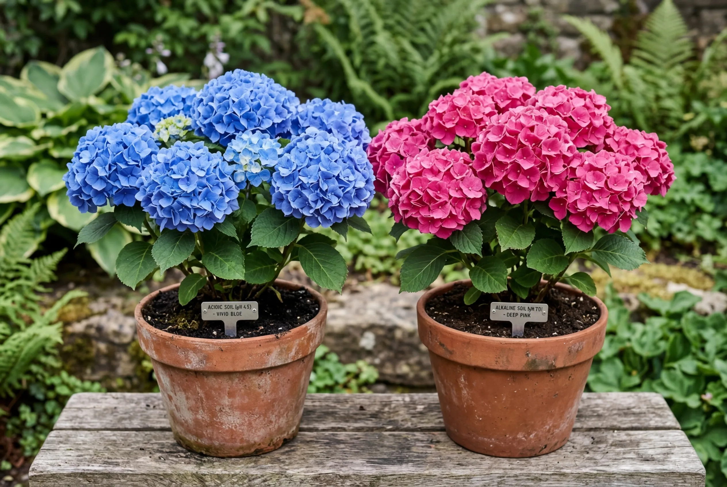 Close-up of blue and pink hydrangeas in terracotta pots demonstrating pH colour change effect on the same variety