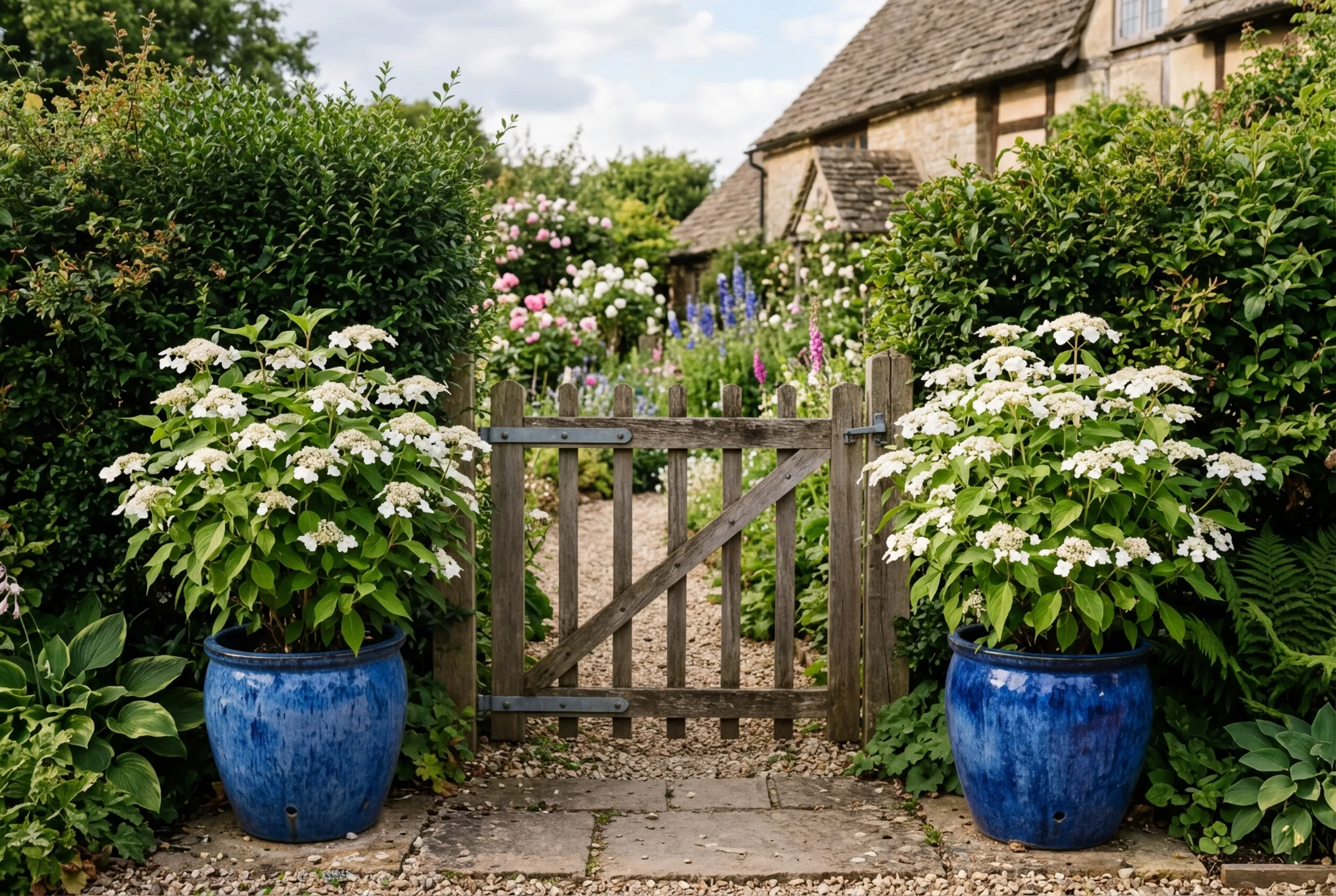 White lacecap hydrangeas in glazed blue pots flanking a cottage garden gate in a quintessential English summer scene