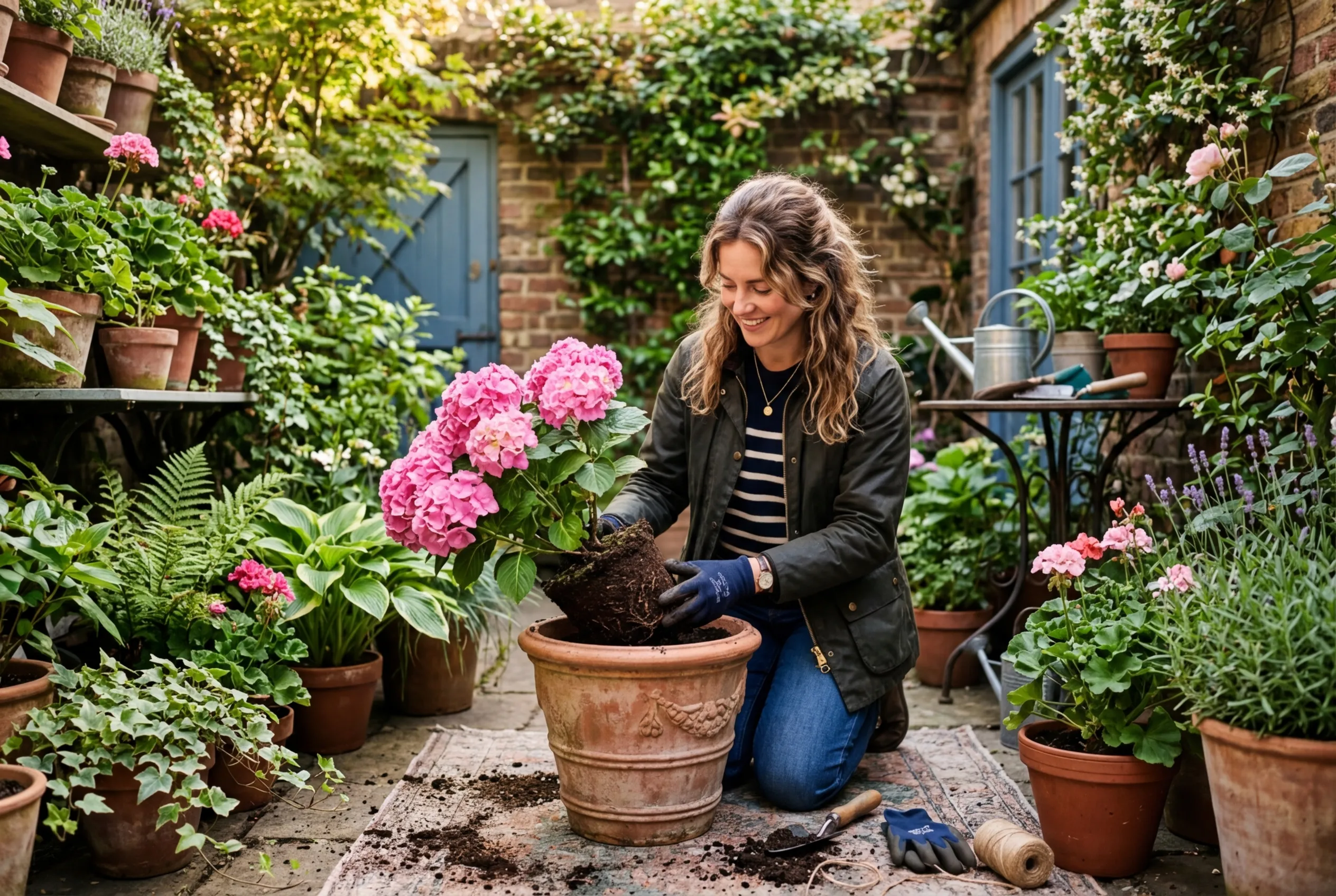A young woman repotting a hydrangea into a larger terracotta container in a small urban courtyard garden