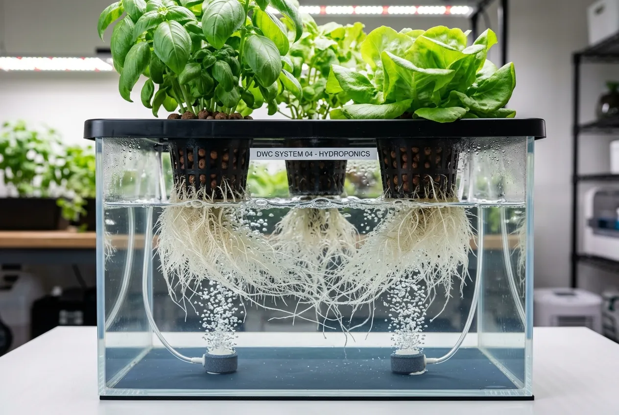Hydroponics DWC system showing plant roots suspended in nutrient solution with air stones bubbling