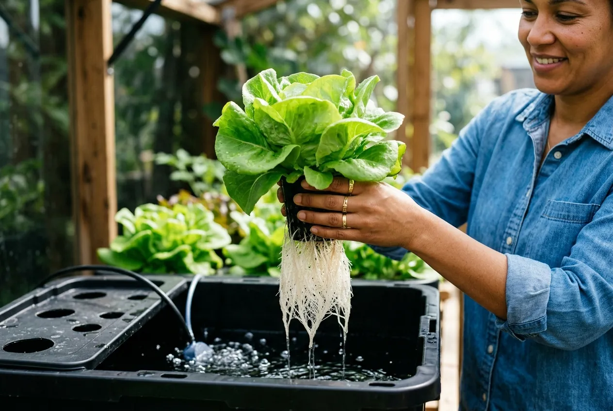 Harvesting fresh hydroponic lettuce from a home DWC system with healthy roots visible