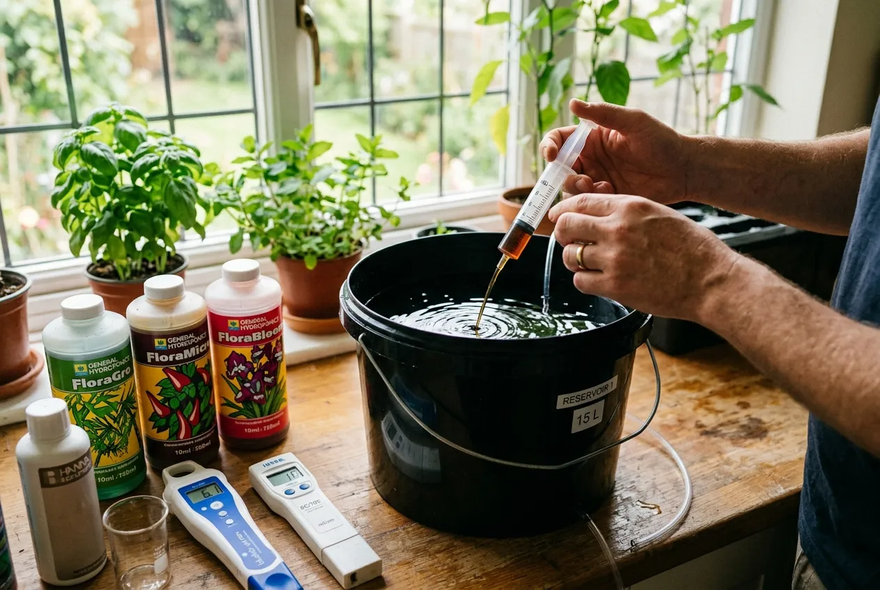Measuring hydroponics nutrients with a syringe into a reservoir with pH and EC meters visible