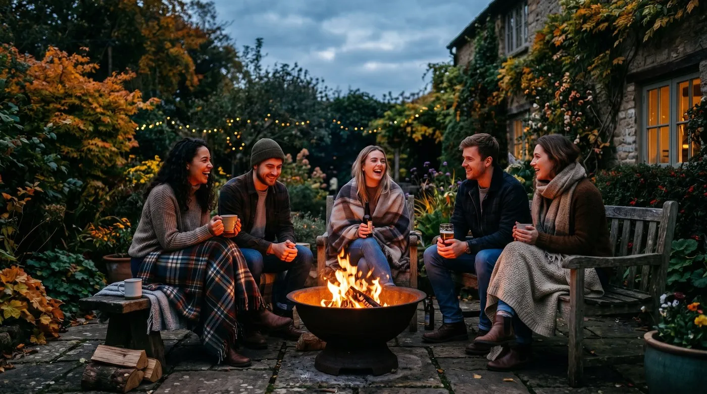 A small group gathered around a glowing fire bowl in a sheltered UK garden on an autumn evening
