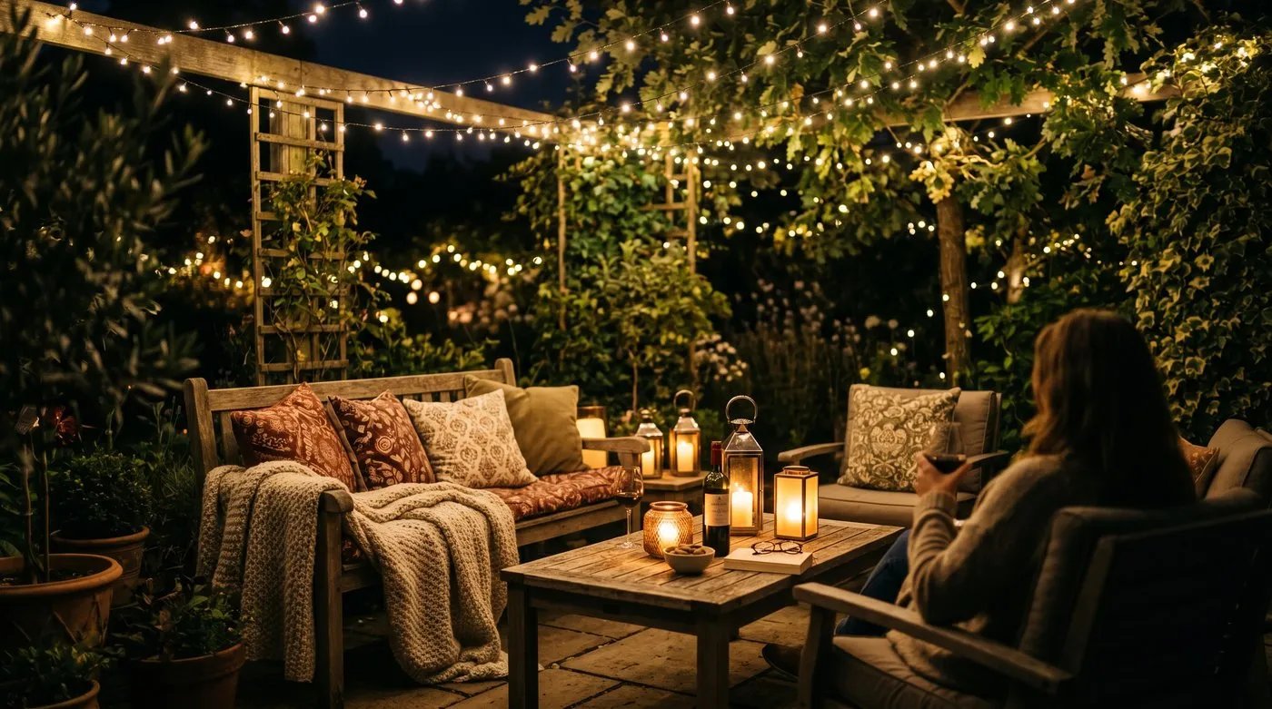 Warm string lights and lanterns lighting a snug garden seating area after dark