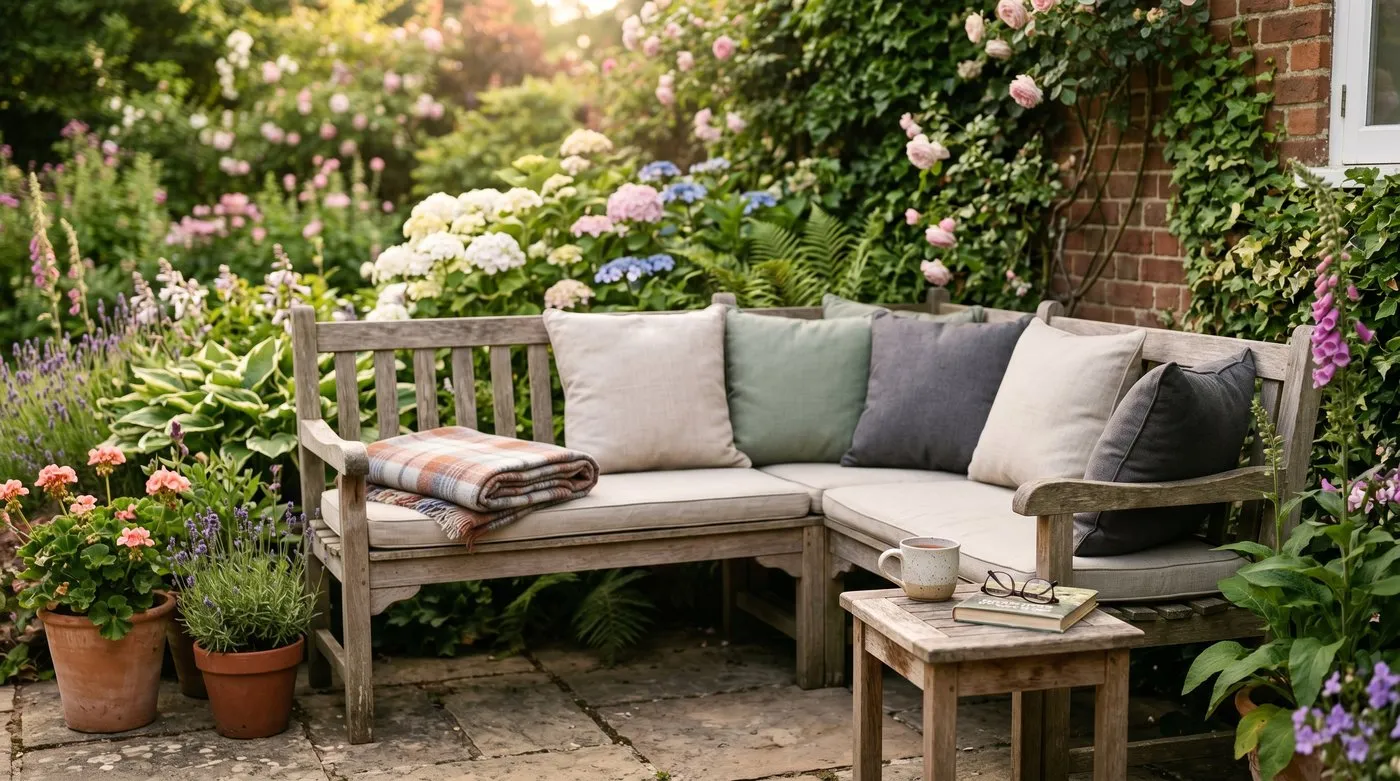 A snug garden seating area with weatherproof cushions and folded blankets in soft evening light
