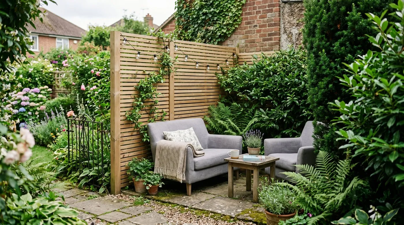 A sheltered garden corner enclosed by a slatted timber screen and evergreen planting