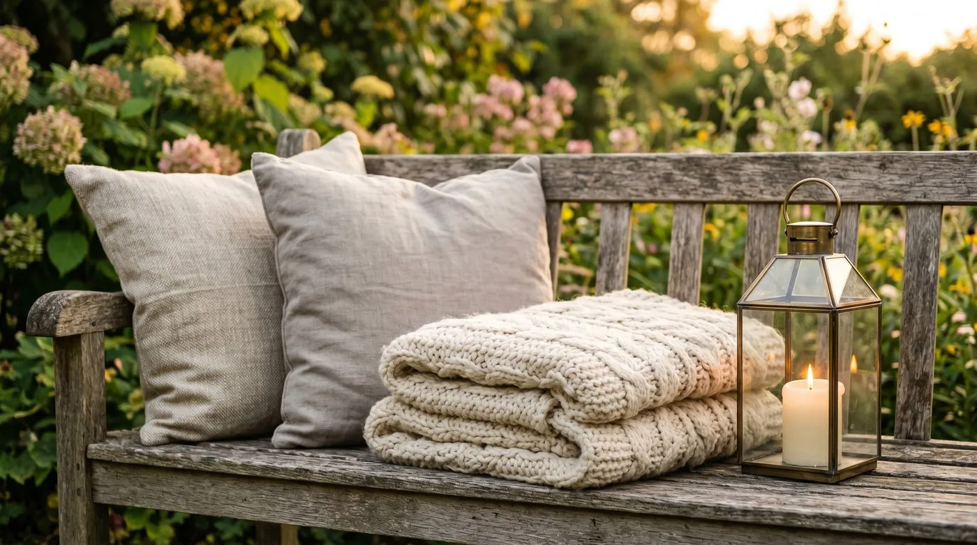 A close-up of weatherproof cushions, a folded wool blanket and a lantern on a snug garden bench