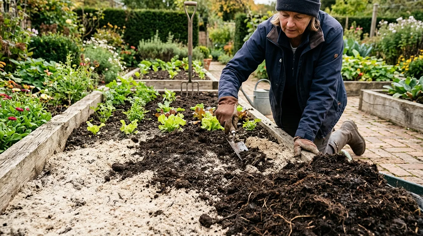 Gardener adding organic compost to sandy soil raised bed plot in a bright UK allotment