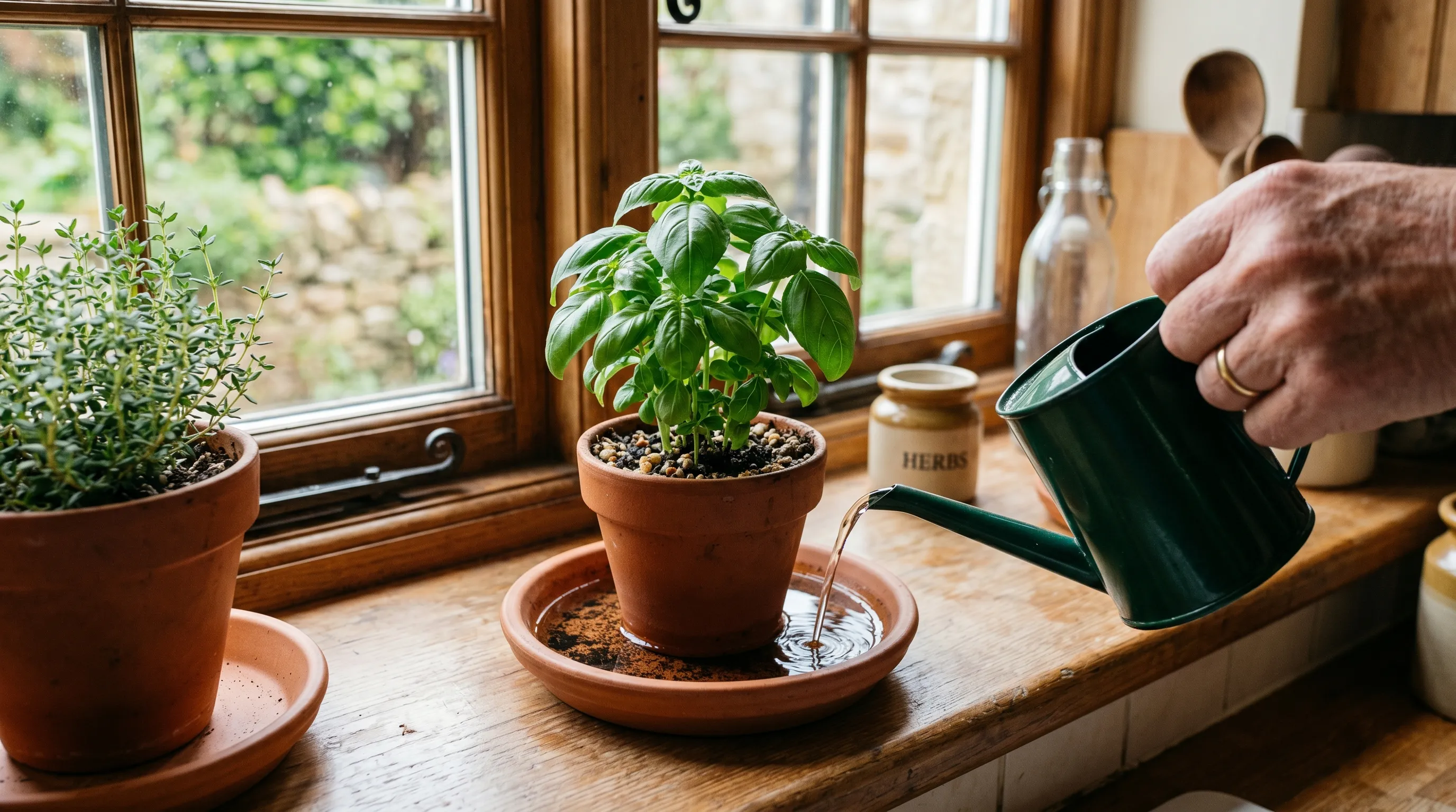 A close-up of bottom watering small herb pots on saucers with water being poured into the saucer from a small green watering can in a UK kitchen with morning light coming through a window