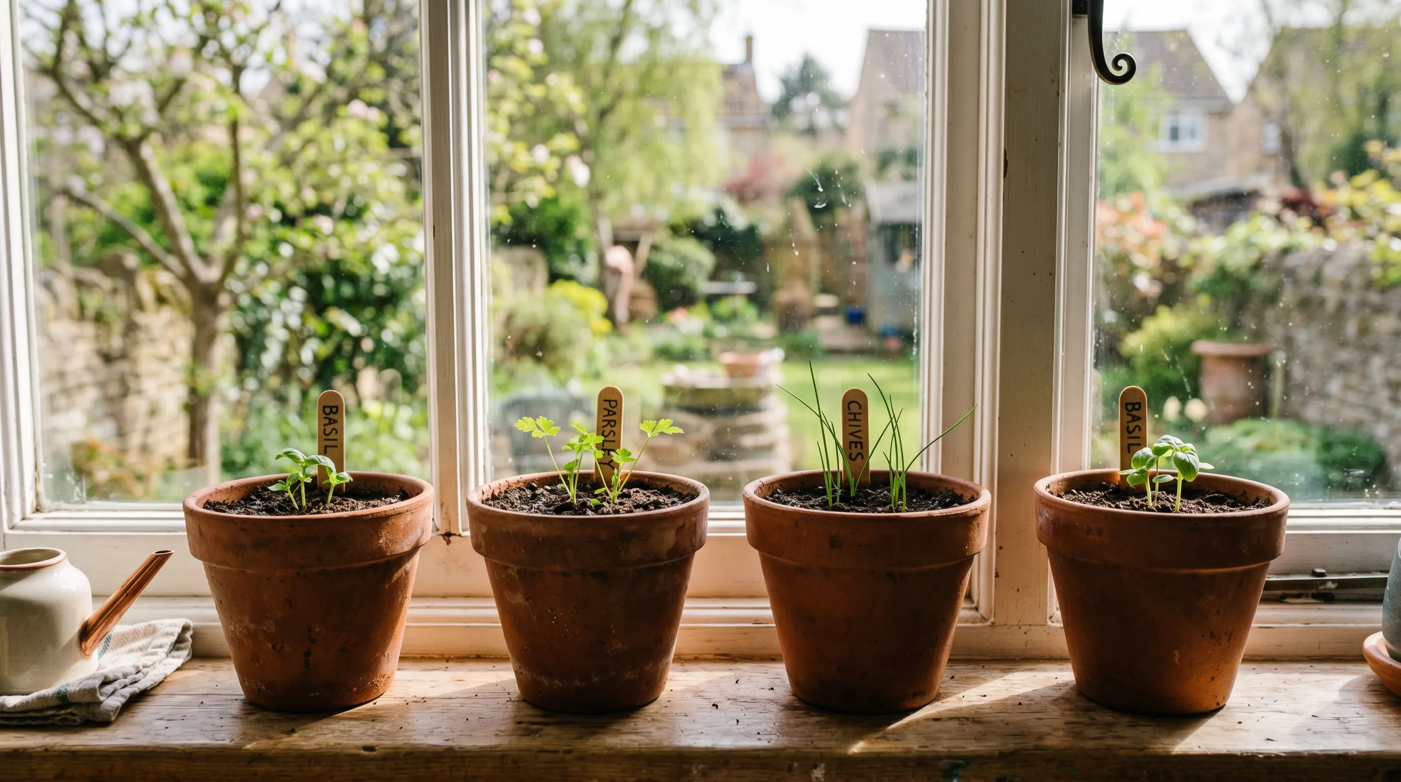 Row of small terracotta pots on a sunny UK kitchen windowsill with young basil parsley and chive seedlings emerging from peat-free compost in spring light