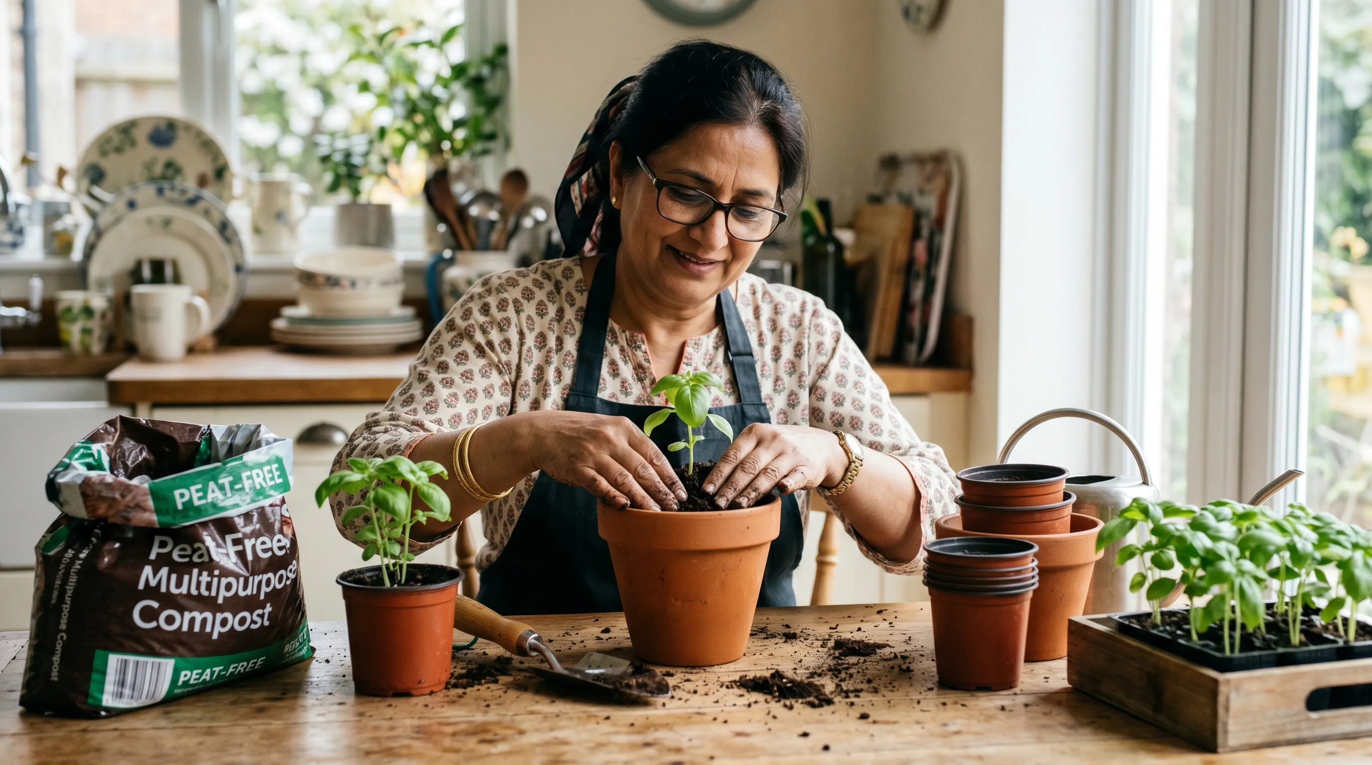 A UK gardener of Pakistani heritage potting on basil seedlings from 9cm to 15cm pots on a wooden kitchen table with peat-free compost and a small trowel visible