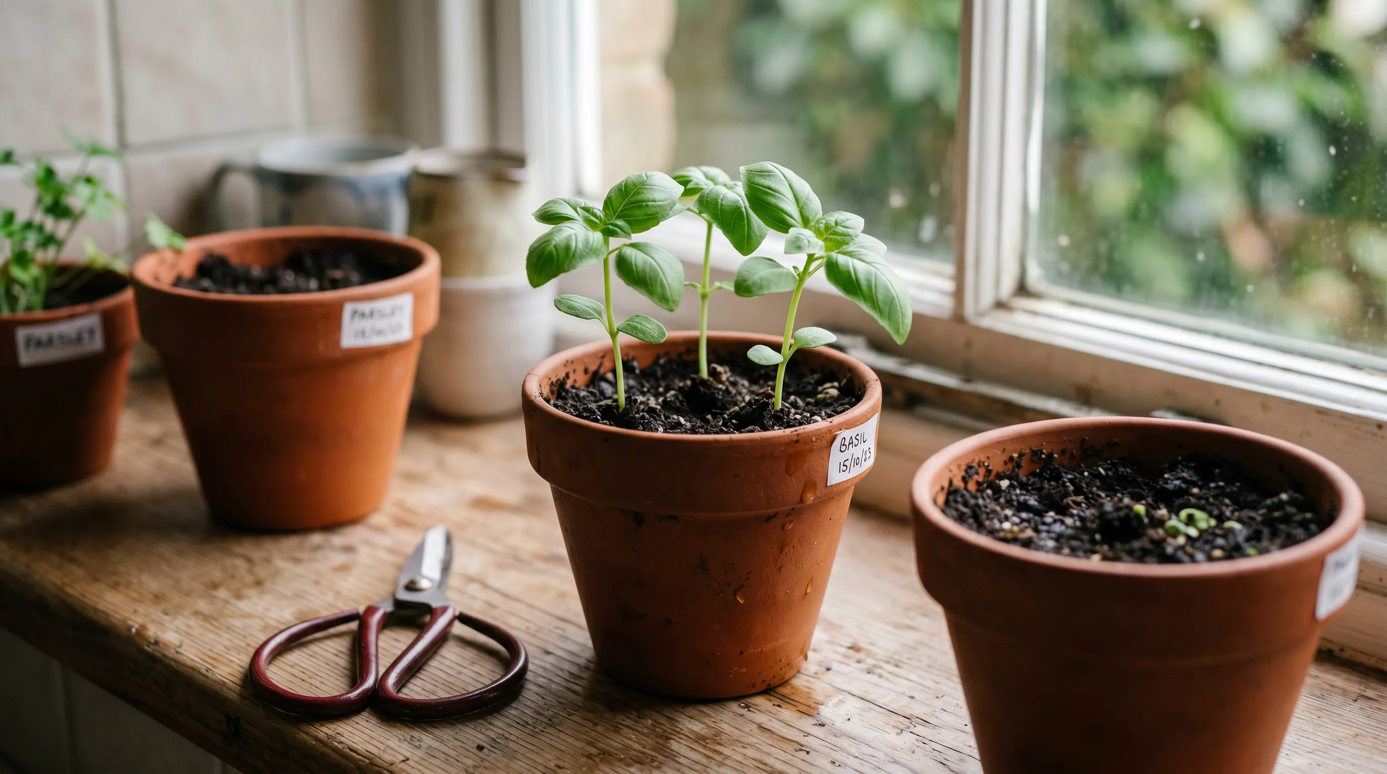 A close-up of UK kitchen herb pots at the 3-week growing stage showing basil seedlings at their 3rd true leaf with three healthy plants per 9cm pot and a small pair of scissors ready for thinning