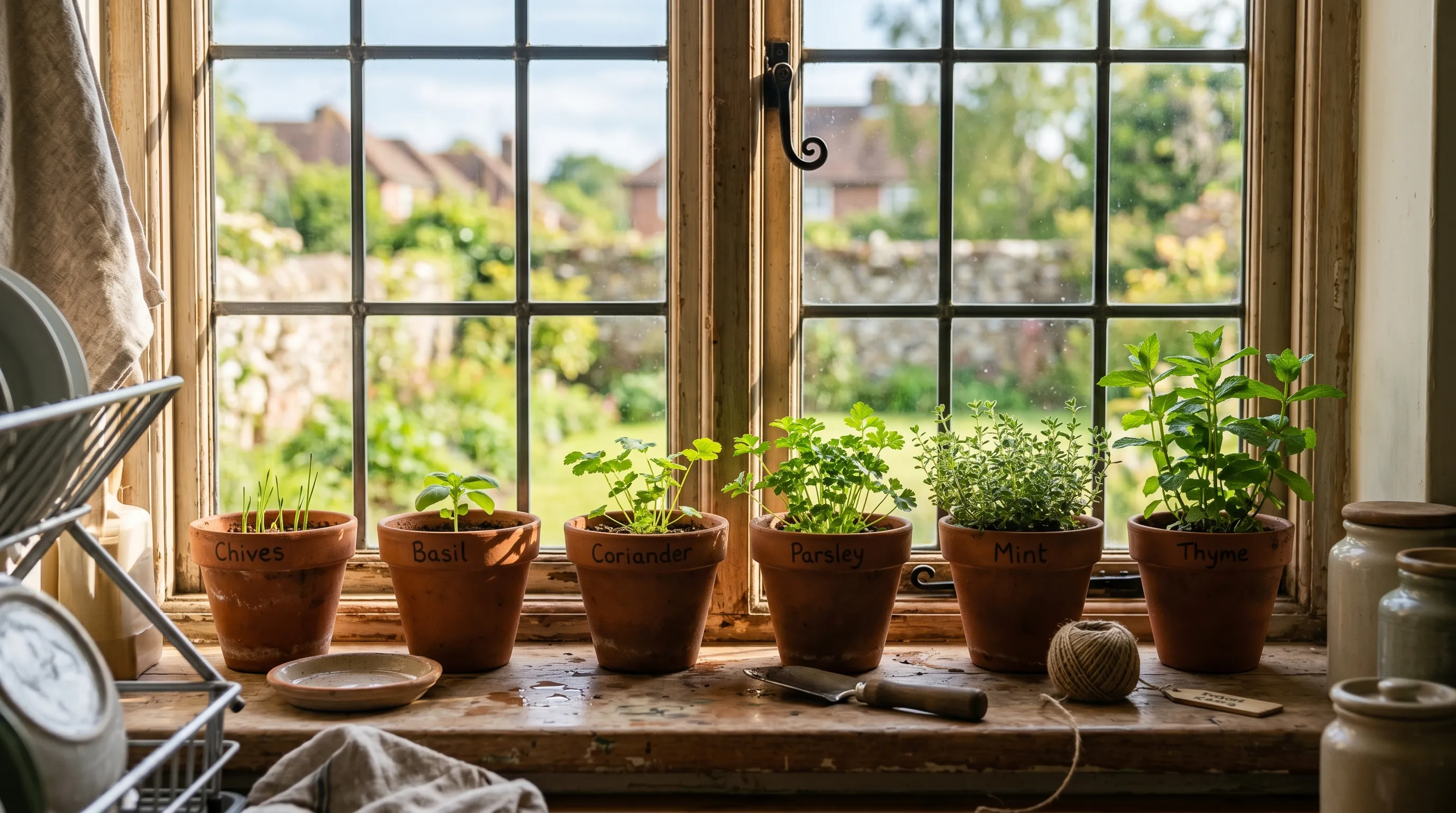 A south-facing UK kitchen windowsill with six small terracotta pots of herb seedlings at different growth stages from just-emerged to ready-to-pick in afternoon sunlight