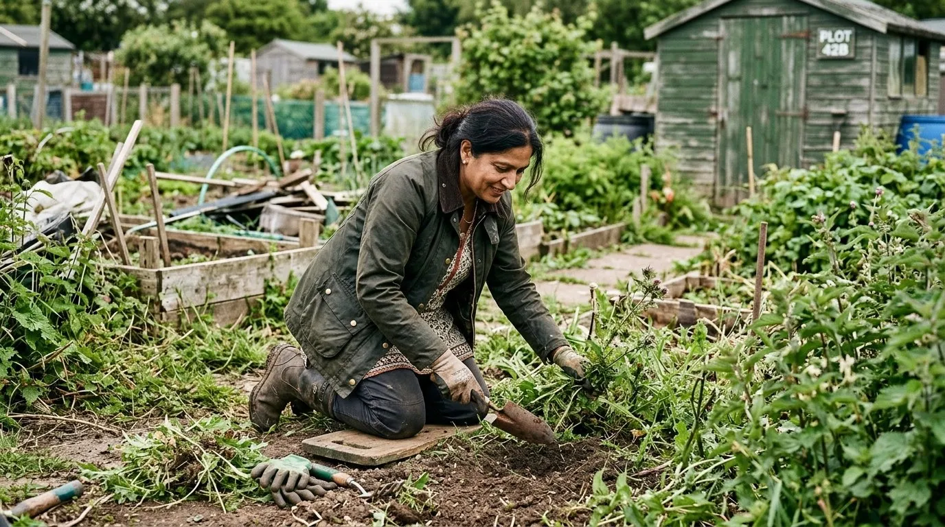 UK gardener working on inheriting vacant allotment plot in a real garden setting