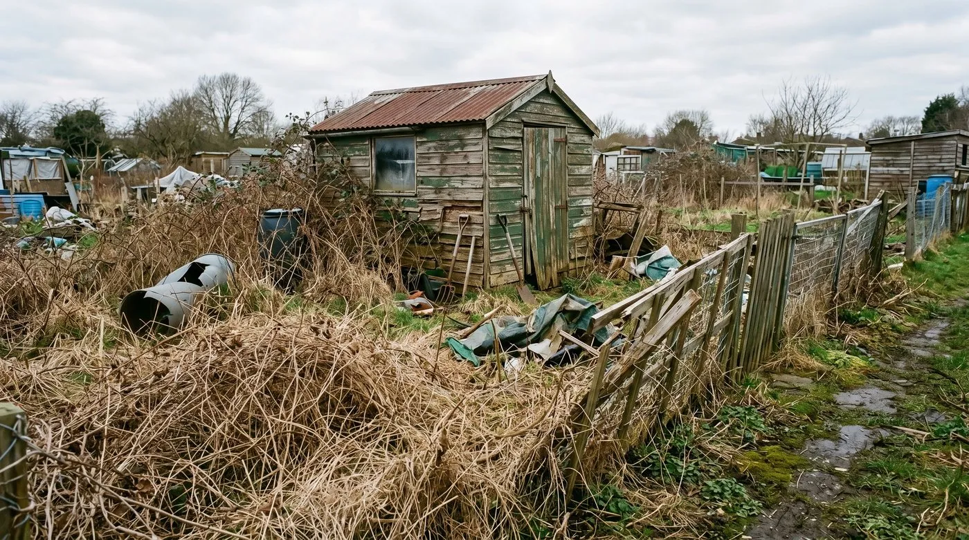 Vacant overgrown UK allotment plot with previous tenant's shed and broken fence in early spring before clearing