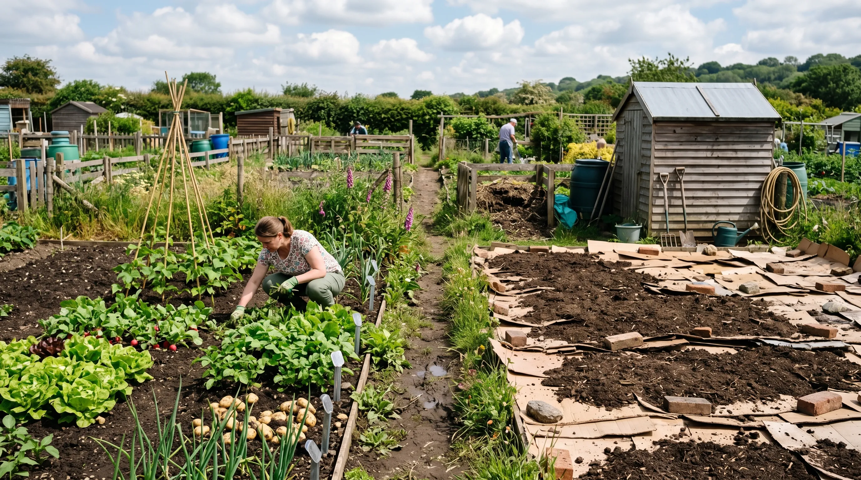 Vacant allotment plot at month six showing 25 percent cleared and cultivated 75 percent sheet mulched UK kitchen garden