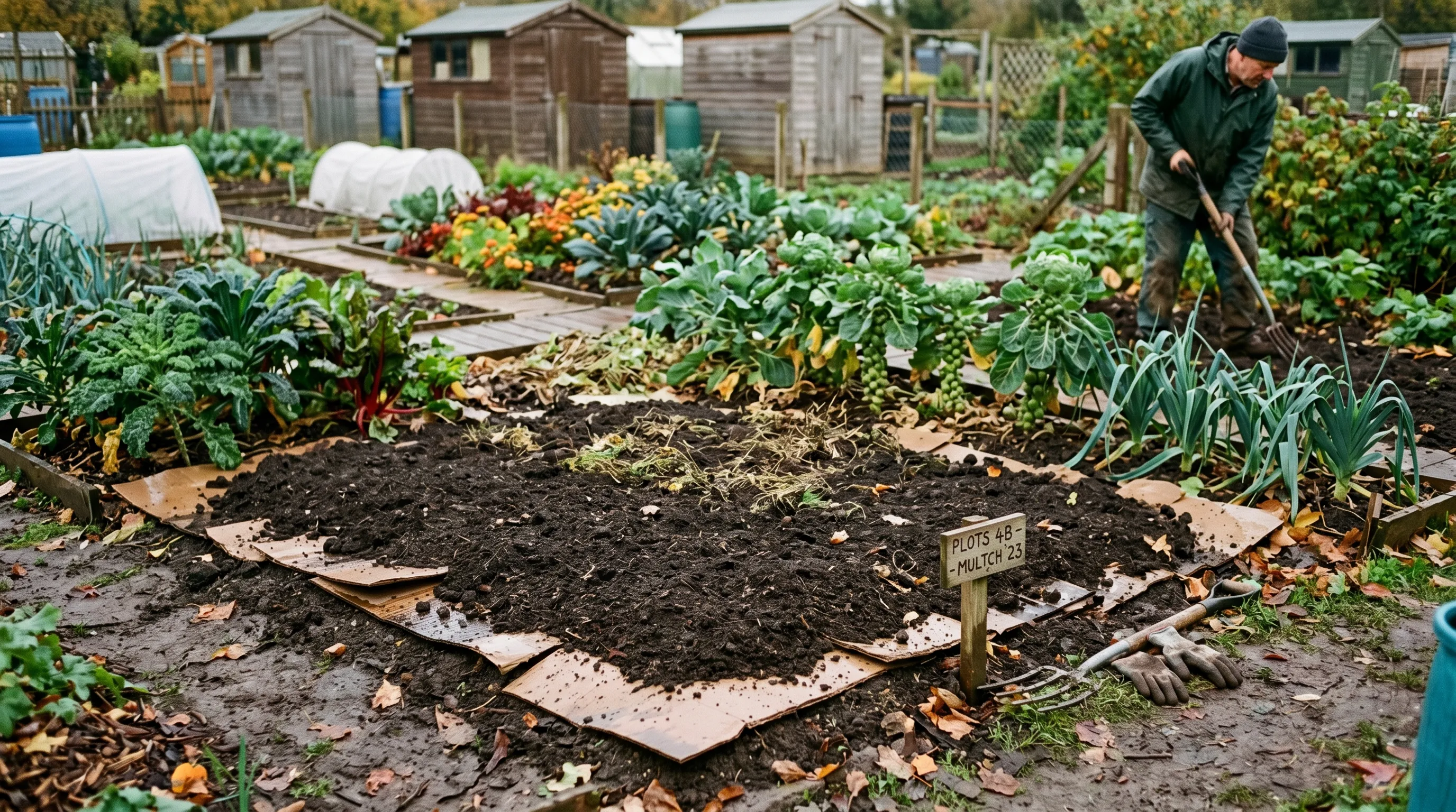 Sheet mulched section of UK allotment plot with cardboard and compost layer covering couch grass and bindweed in autumn