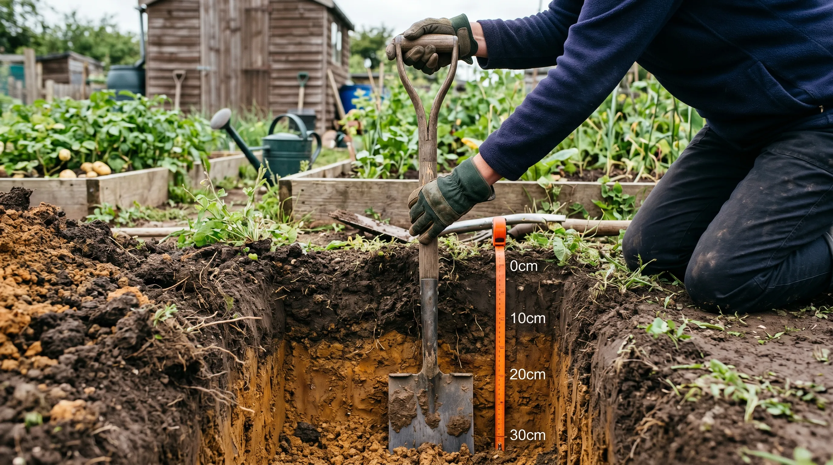 UK gardener digging soil profile hole in vacant allotment plot to assess subsoil compaction and structure