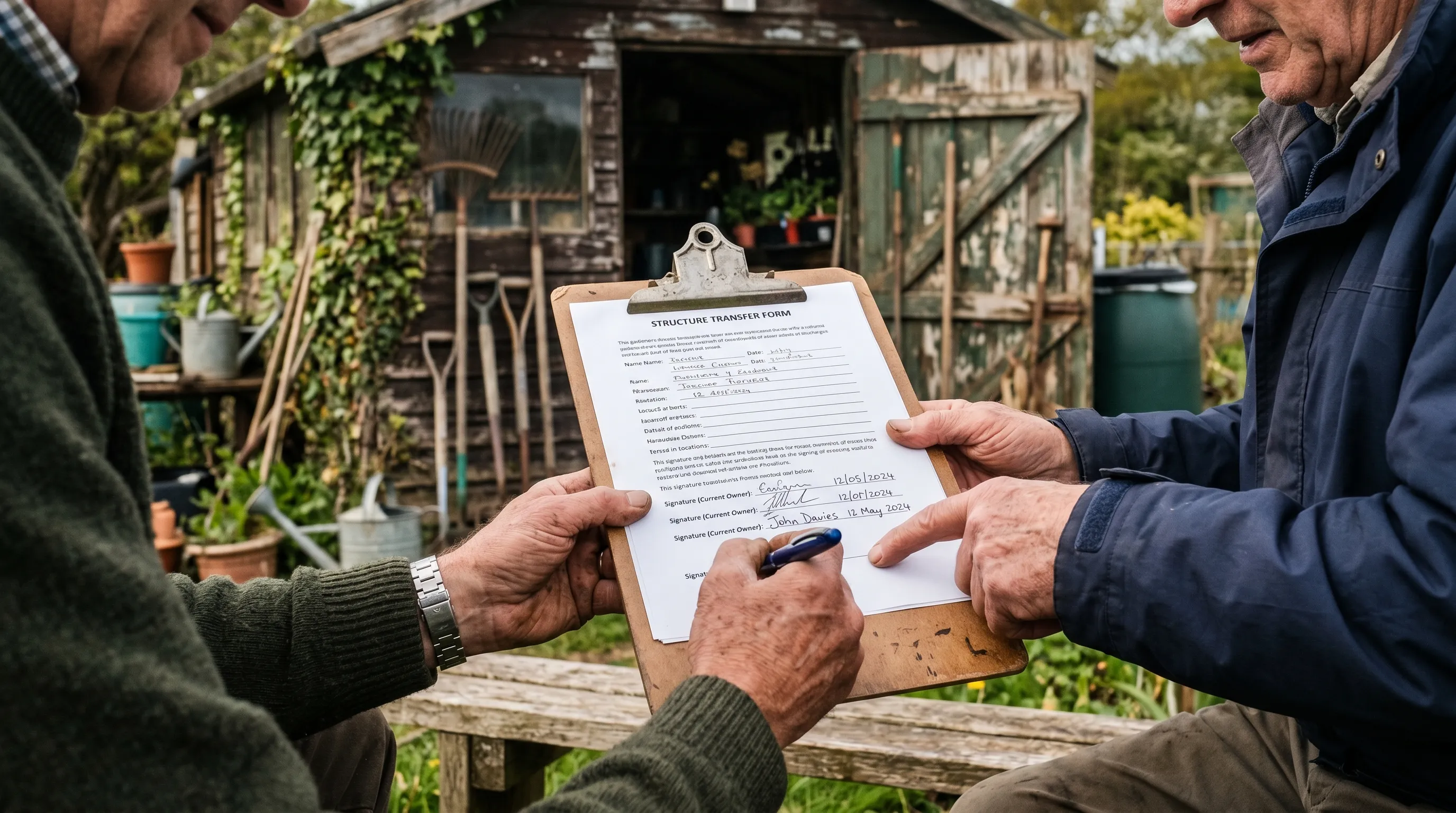 Documenting structure transfer between previous and incoming tenant on UK allotment site signing form clipboard